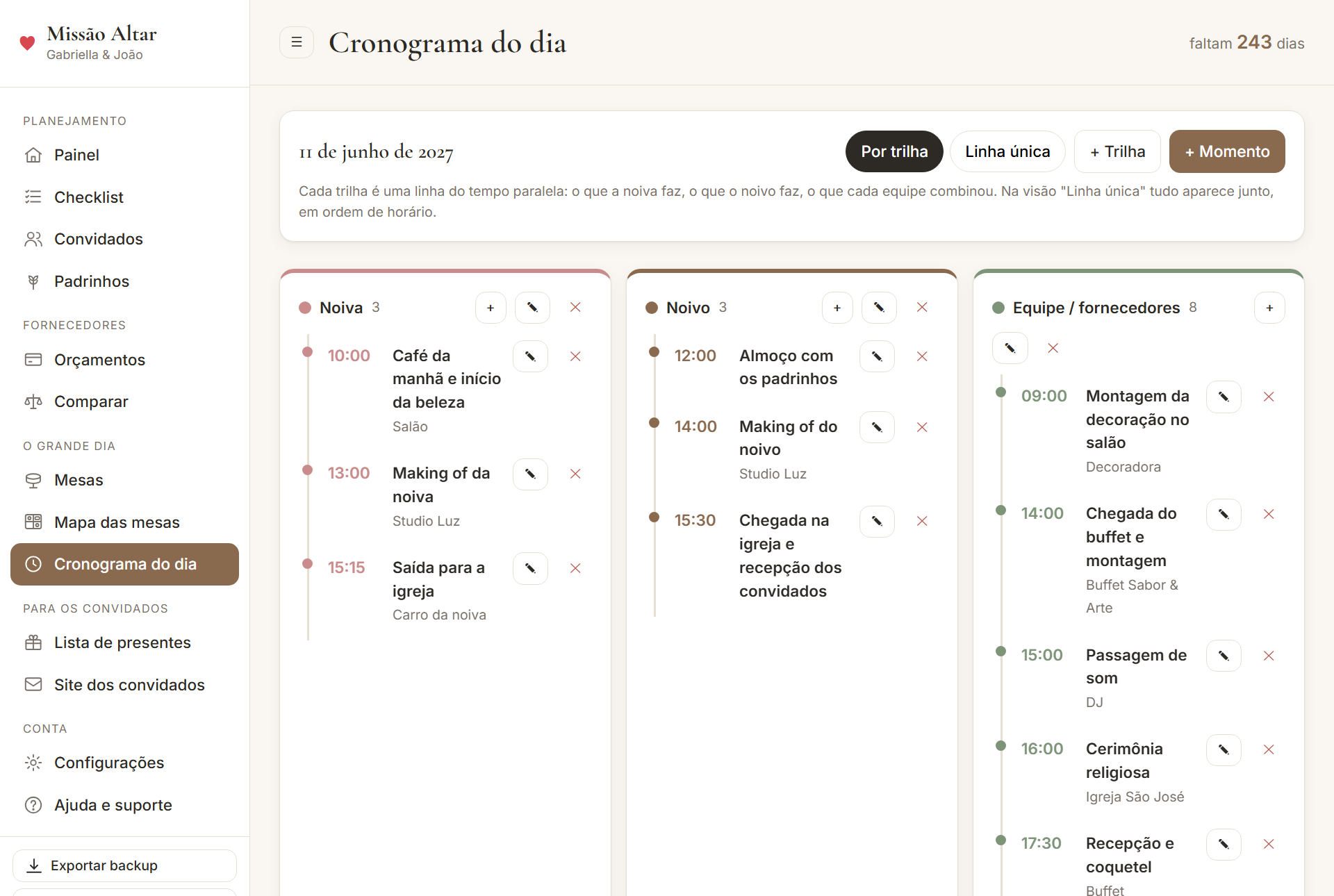 Cronograma do dia com trilhas da noiva, do noivo e da equipe