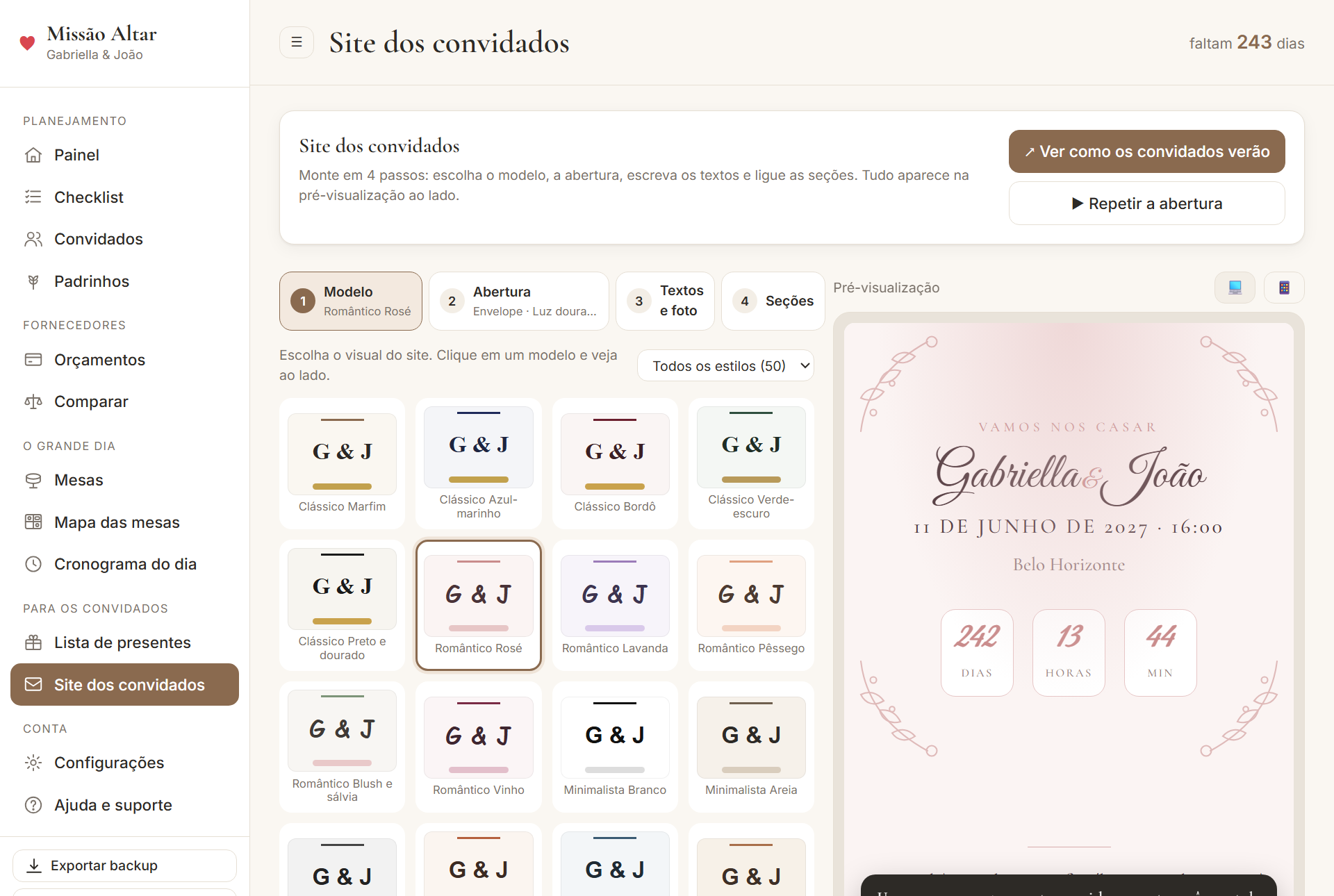Editor do site dos convidados com a galeria de modelos e a pré-visualização ao lado